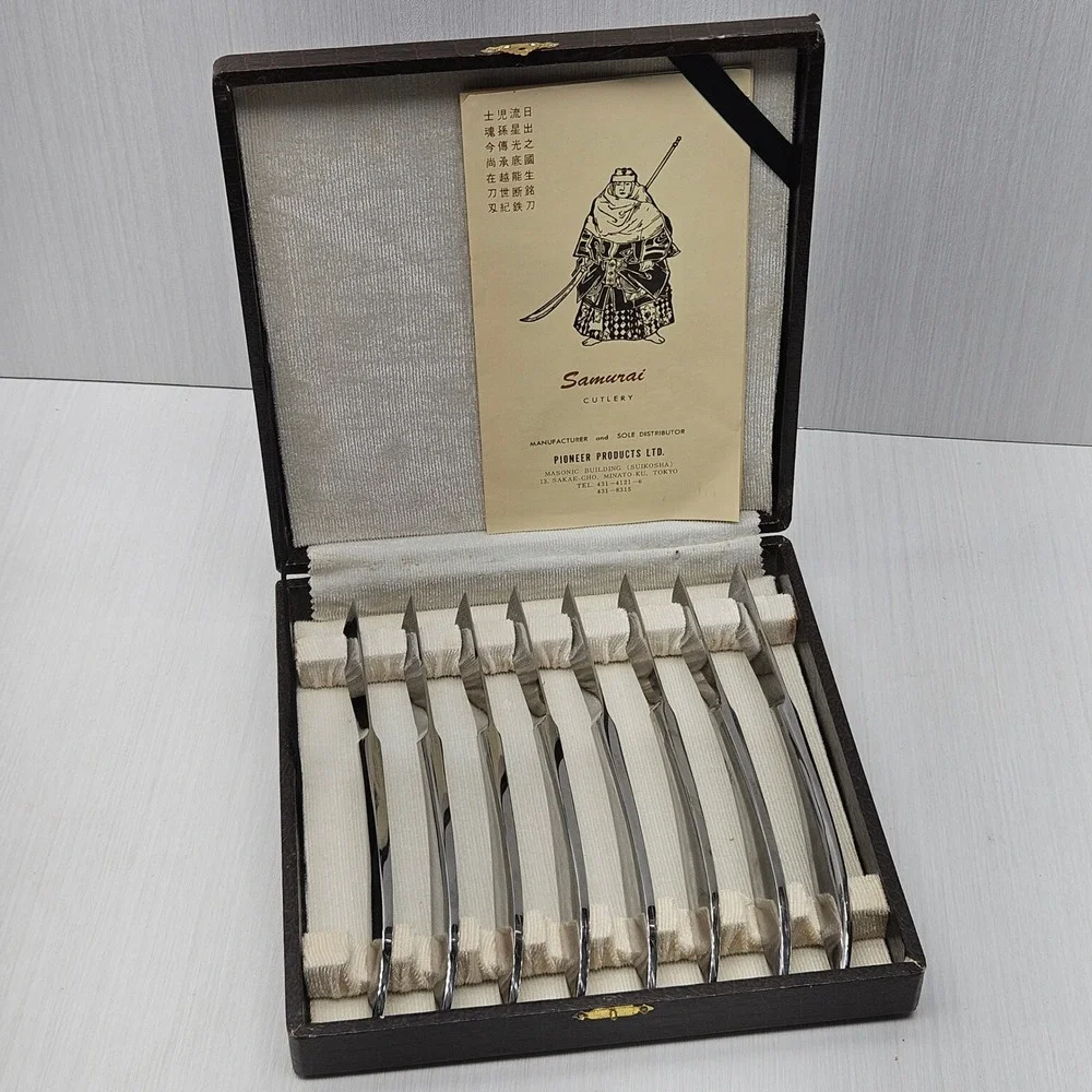 Vintage Samurai Cutlery 8 Piece Steak Knife Set Pioneer Products Japan with Case